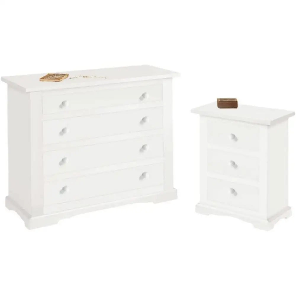 Como 3 cassetti 115x50x90H e 2 comodini con 3 cassetti 60x35x70H arte povera in legno massello e mdf con rifinitura in bianco