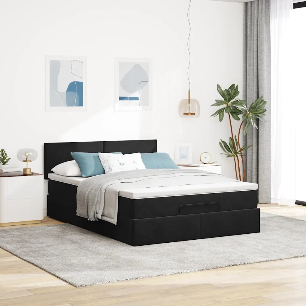 Struttura Letto Pouf con Materasso Nero 140x190 cm in Velluto 3312550