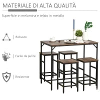 Set Tavolo Alto con 4 Sgabelli Stile Industriale in Metallo e Legno, Arredamento Moderno Soggiorno e Cucina, Marrone Rustico
