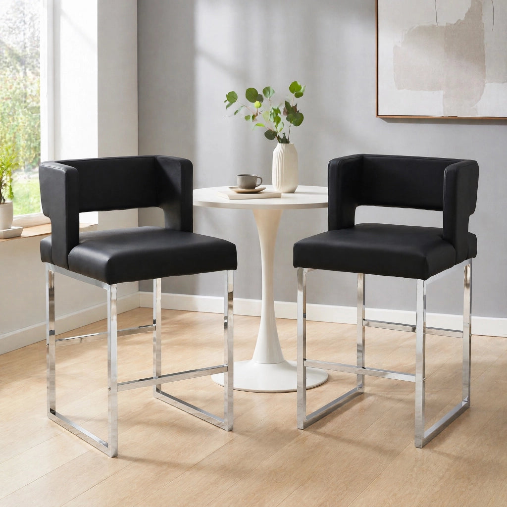 Set di 2 sgabelli da bar in stile nordico, seduta quadrata imbottita, nero e argento