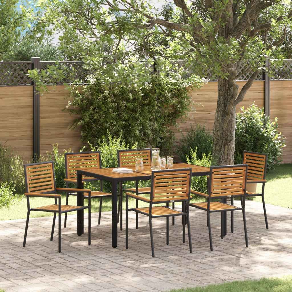 Set da pranzo da giardino  7 pezzi in polirattan nero e acacia