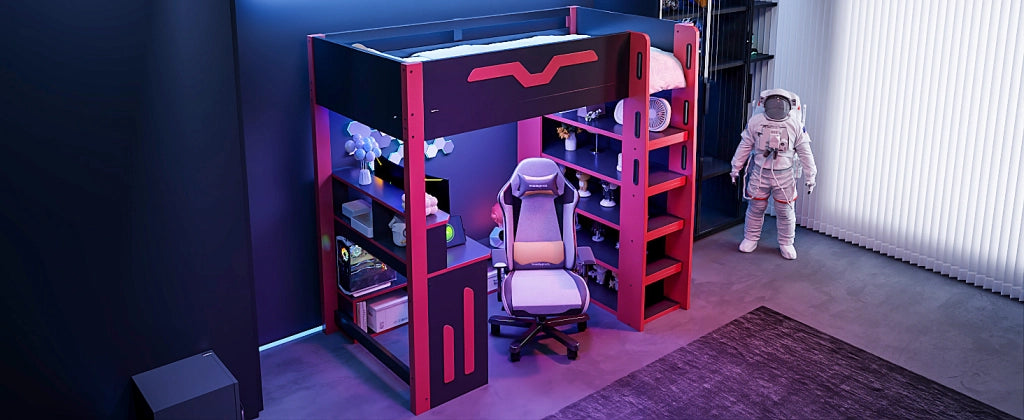 Letto a soppalco per bambini 90 × 200 cm con scrivania scala contenitore LED nero e rosso