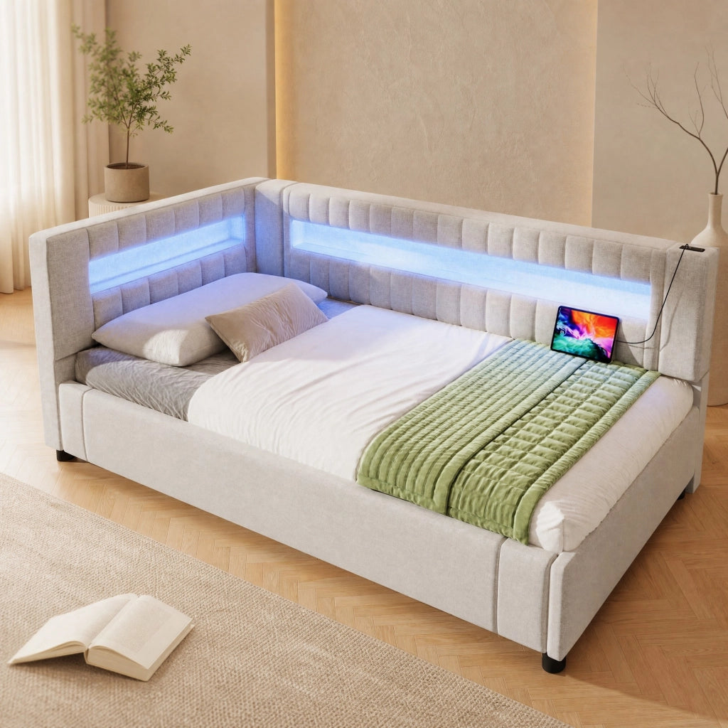 Letto a scomparsa con LED, porte USB e contenitore idraulico 90x200 cm beige