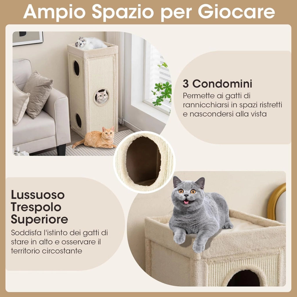 Casa per Gatti a 4 Piani, Condominio per Gatti Alto 99 cm con Trespoli per Graffiare, 3 Nascondigli e 4 Morbidi Cuscini in Peluche, Mobili per Gatti Moderni a Forma di Barile (Naturale)