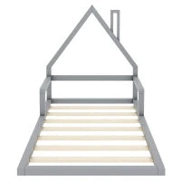 Letto Montessori a Forma di Casetta con Doghe in Legno, Letto per Cameretta per Bambini 4+ Anni, Senza Materasso, 90x200 cm, Grigio
