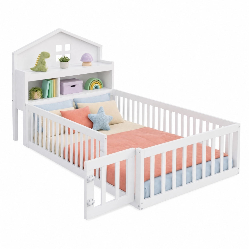 Letto per bambini a casetta 90x200 cm in legno massello bianco con contenitori; lavagna e rete a doghe