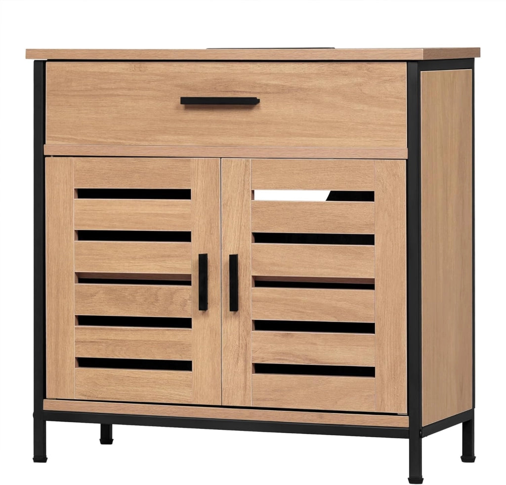 Mobiletto, Mobile Lavabo, Mobile Bagno, con 1 Cassetto Grande, 2 Ante a Ribalta, Ripiano Regolabile, MDF, 60x30x60cm, Rovere Chiaro