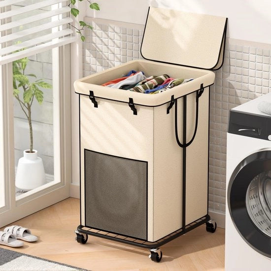 Wasmanten grandi 150L con coperchio, Oxford stoffa con telaio metallico e design di sacchetto rimovibile con ruote per camera da letto, bagno, dormitorio, area lavanderia (coperchio di ghiaccio)