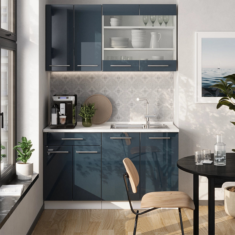 Mobili da cucina Fame-Line Blu scuro lucido/Bianco 140 cm, PL Marmo Vicco