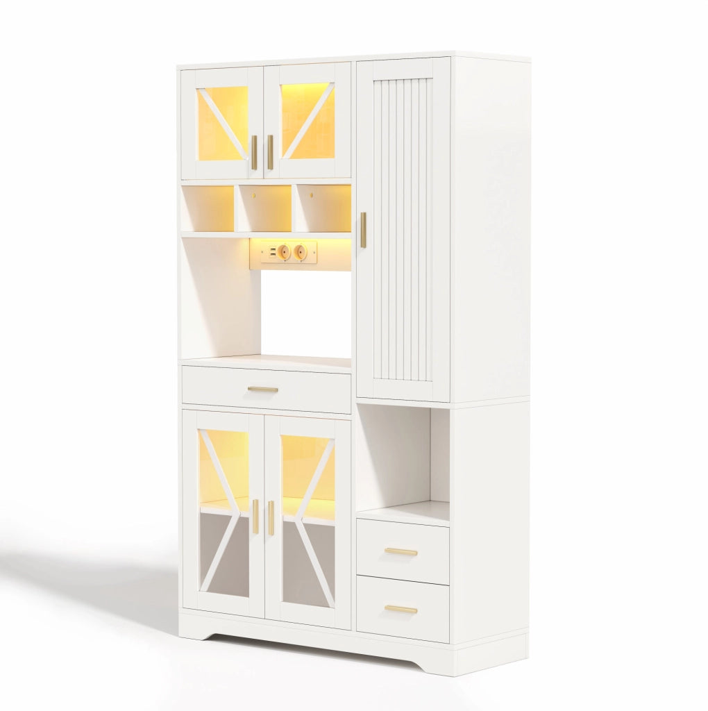Credenza 105x40x185 cm con LED multicolore e prese; in MDF bianco