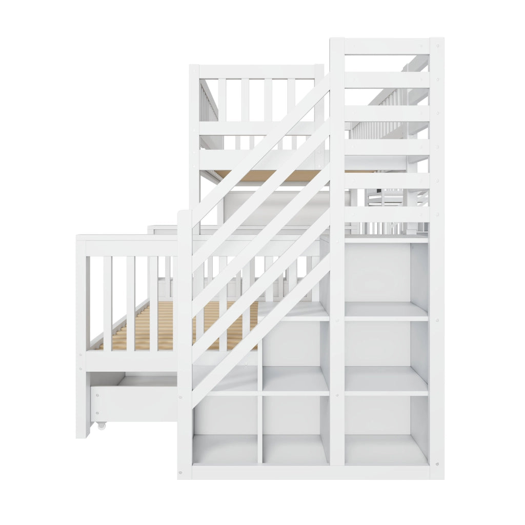 OKWISH Letto a Castello 140×200 cm e 90×200 cm, Letto 3 Posti con Scala Contenitore, Armadi e Lavagna, senza Materasso, Bianco
