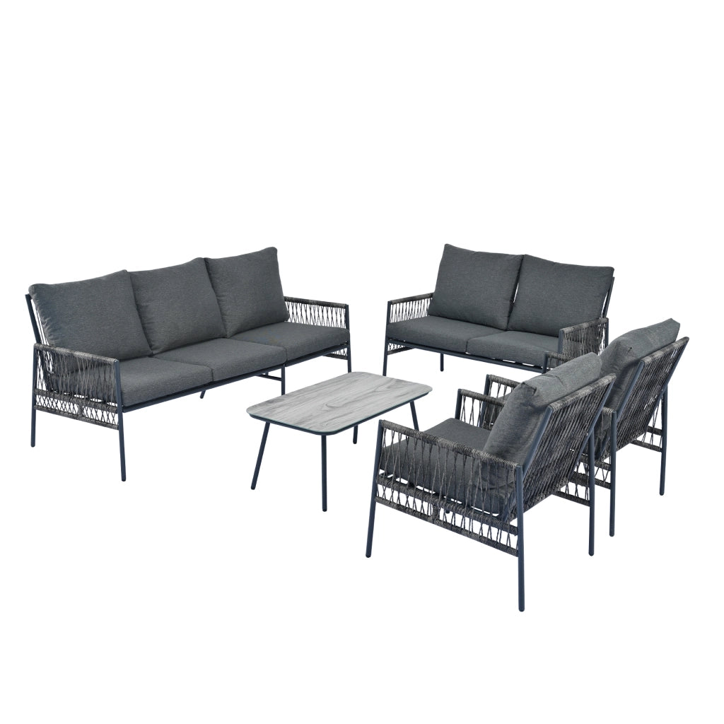 Set Divano da Giardino 7 Posti con Tavolino ¨C MINIMAL ¨C Polyrattan Grigio, Vetro, Cuscini Rimovibili