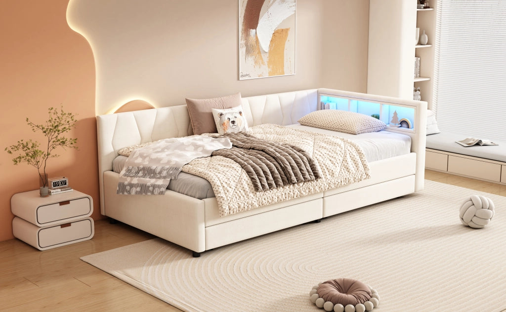 Letto singolo 90 ¡Á 200 cm con due cassetti USB e Type-C LED in lino e MDF beige