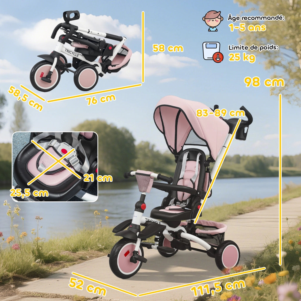 Triciclo Bambini 6 in 1 Pieghevole con Maniglia Regolabile ¨C zephmum ¨C Rosa