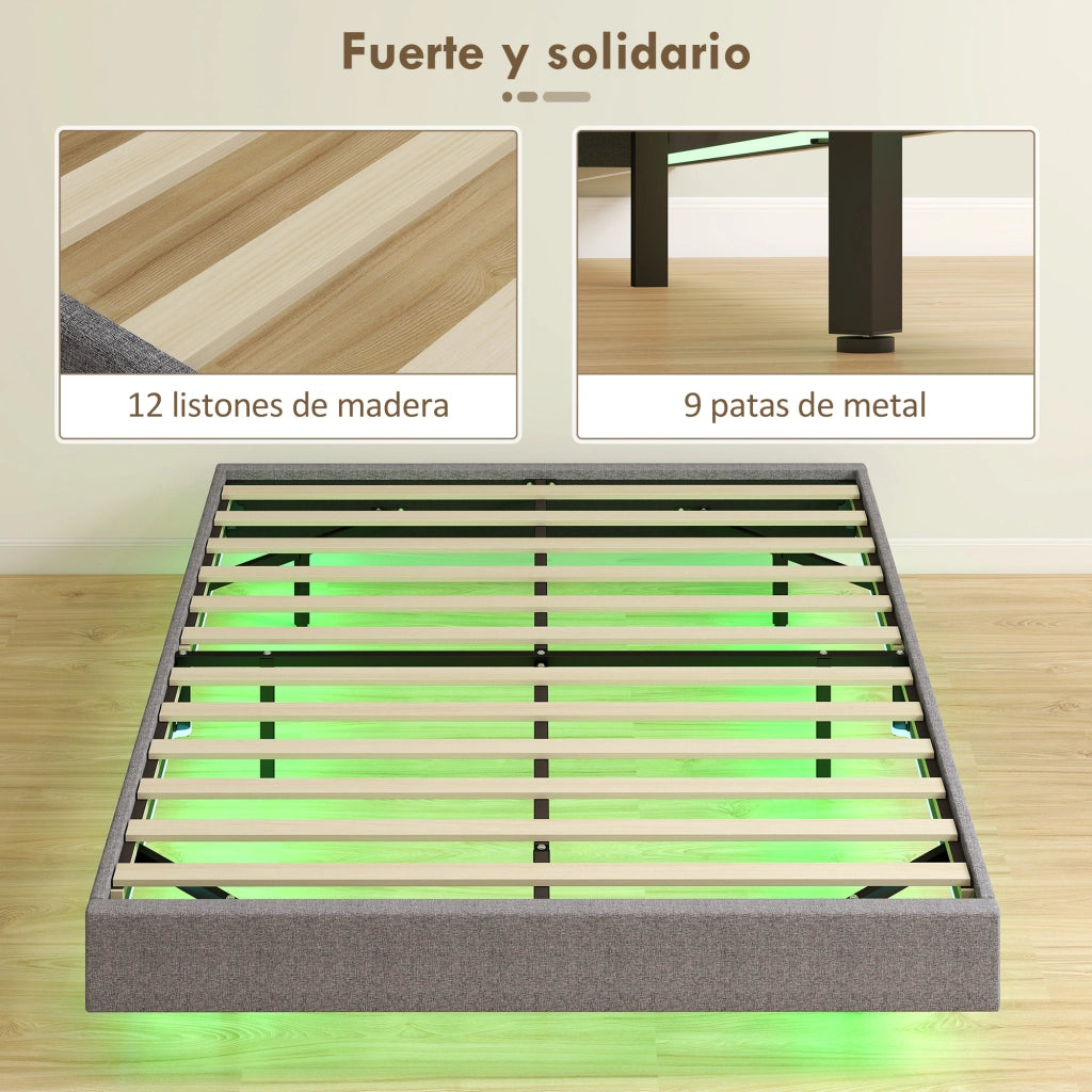 Giroletto con LED 140x190 cm ¨C Xylo ¨C Tessuto Lino Grigio con Doghe in Legno