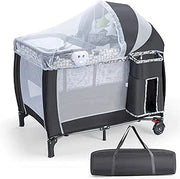 Lettino Culla da Viaggio per Neonati e Bambini, Box Portatile Pieghevole, con Materassino Ruote e Borsa, Nero