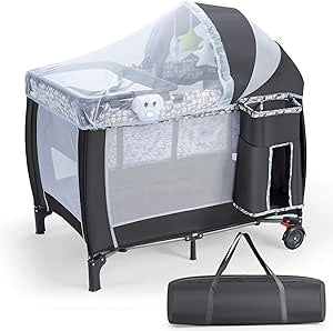 Lettino Culla da Viaggio per Neonati e Bambini, Box Portatile Pieghevole, con Materassino Ruote e Borsa, Nero