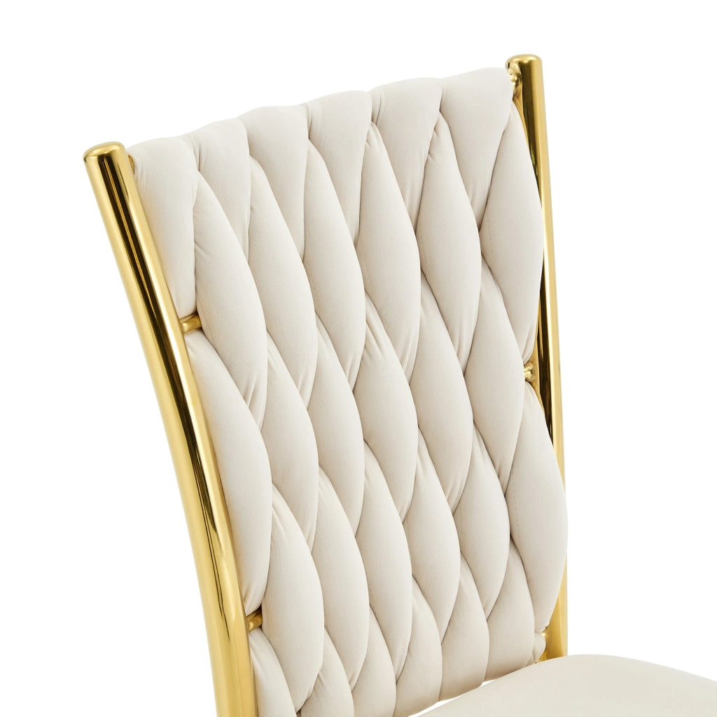 Sedia da pranzo imbottita in velluto beige con gambe in metallo oro
