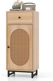 Mobiletto con Ripiano Regolabile su 3 Livelli, Armadietto con 1 Cassetto & 1 Anta in Rattan PE, Comodino Antiribaltamento con Piedini Regolabili, per Soggiorno & Salotto, 40 x 30 x 91 cm