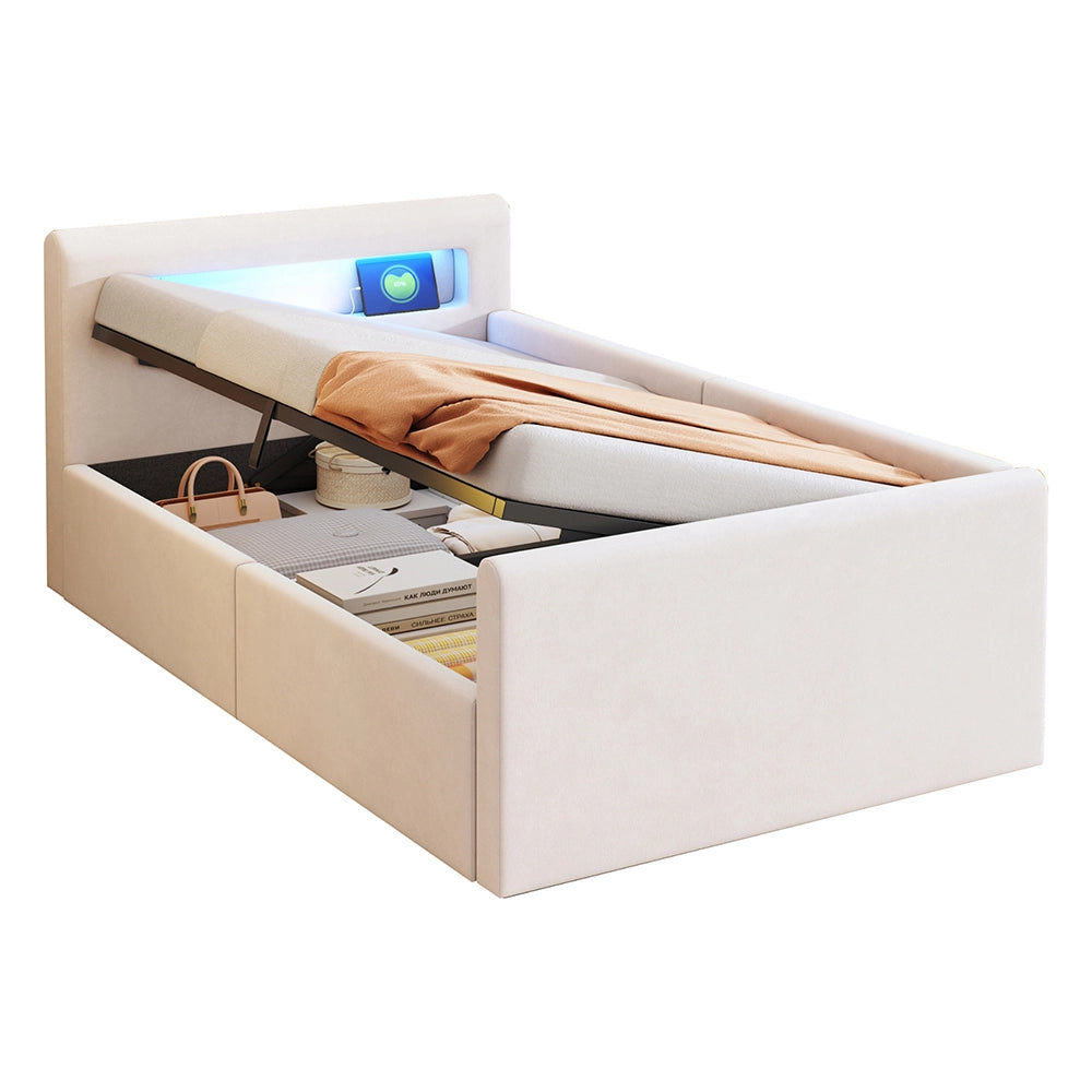 Letto bambino-Xylo-90x200 cm-LED, USB, idraulico, velluto beige