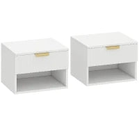 Set di 2 Comodini Sospesi con Pannelli Scanalati, Cassetto e Ripiano, 40x34x29 cm, Bianco