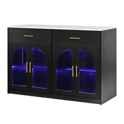 Carrello da cucina con LED, 2 cassetti, ante trasparenti e ripiani regolabili, per cucina e sala da pranzo, nero