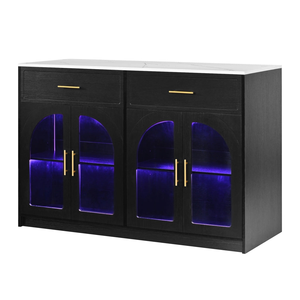 Carrello da cucina con LED, 2 cassetti, ante trasparenti e ripiani regolabili, per cucina e sala da pranzo, nero