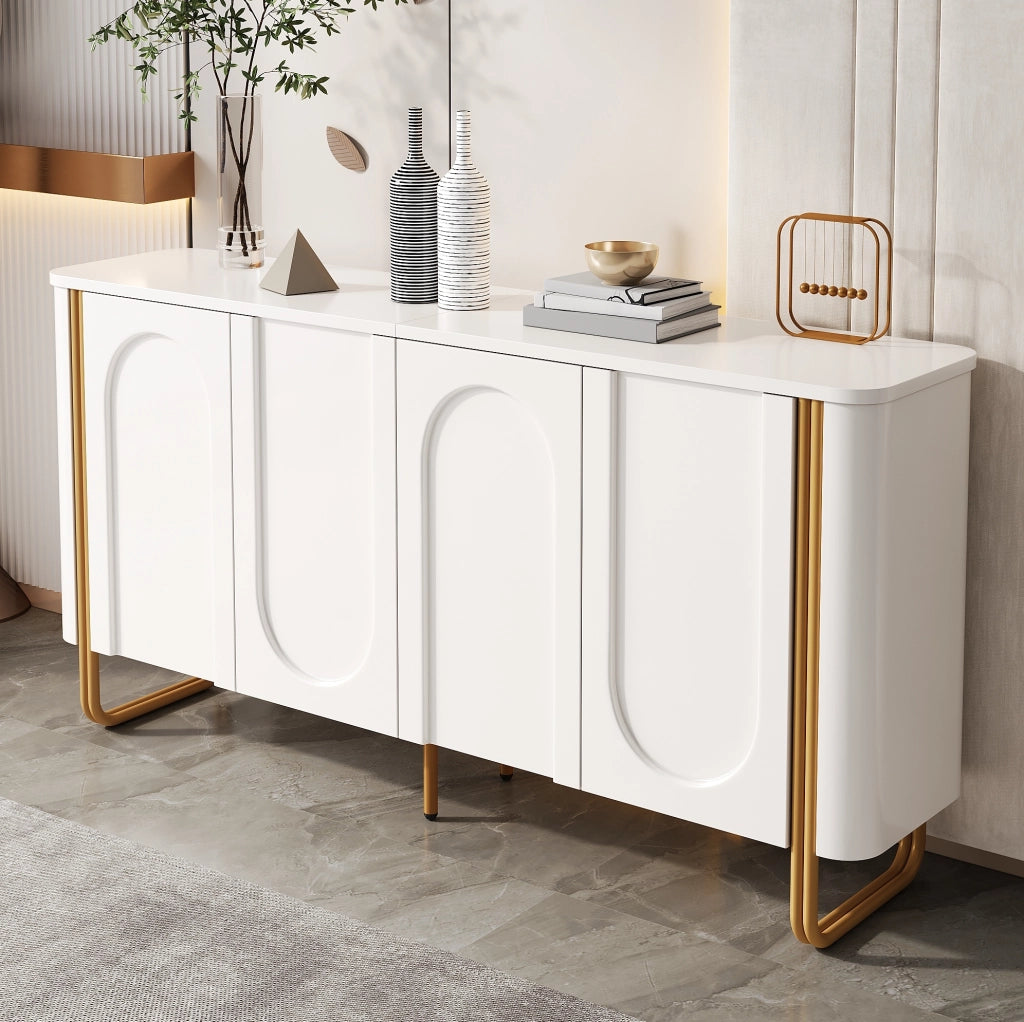 Sideboard in MDF Weiß mit Bogenrelief, 4 Türen, Eisenfüße, 160x35x80,5 cm