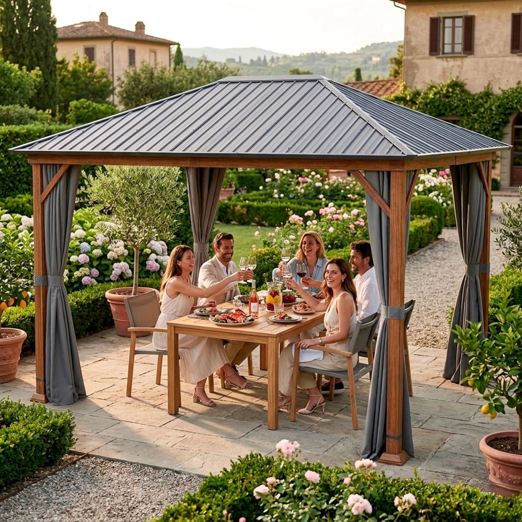 Gazebo Per Giardino 3x4 Metri Con Struttura Effetto Legno Tetto In Acciaio Zincato E Tende Laterali Impermeabili Adatto A Patio Terrazza E Outdoor 300 x 400 x 295 Cm Effetto Legno E Grigio