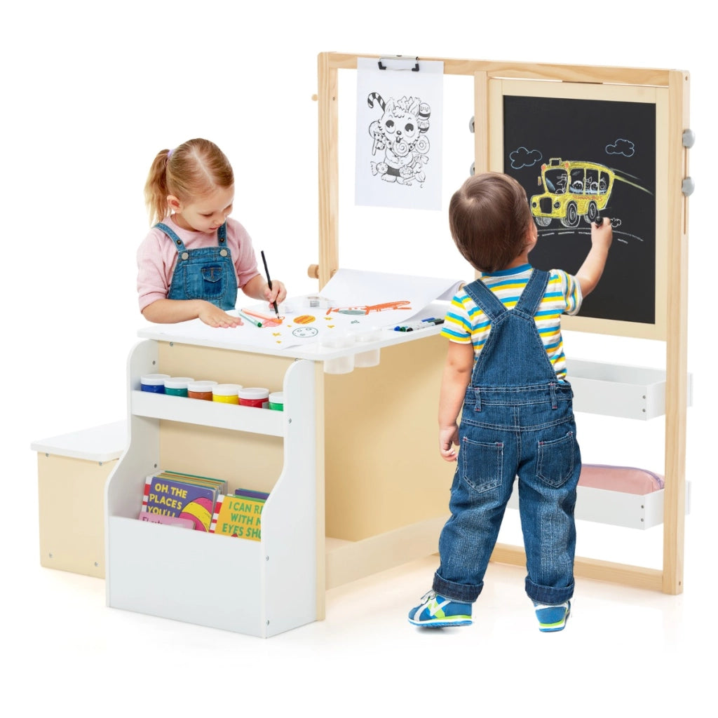 Set tavolo e panca per bambini con cavalletto regolabile a doppia faccia, Centro artistico in legno 114x81x100cm Bianco-Tavoli e sedie