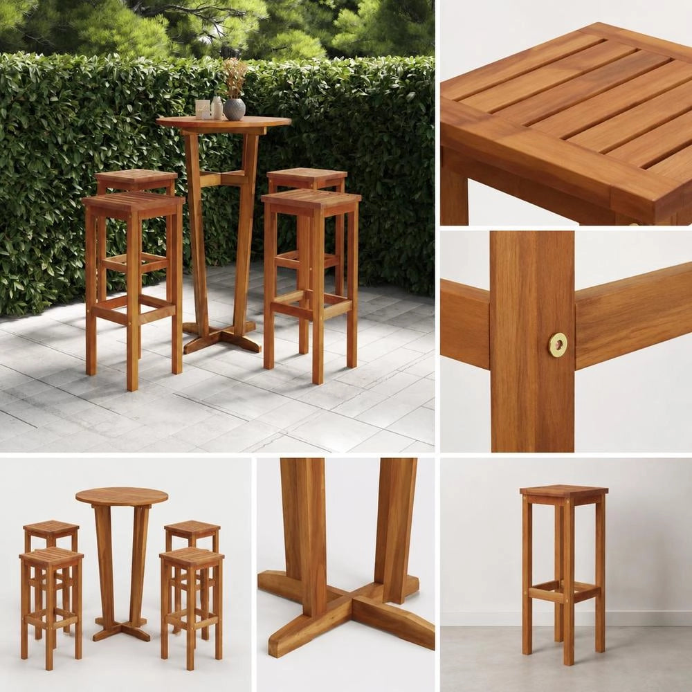 Bar Stools, Set Of 4, Solid Acacia Wood