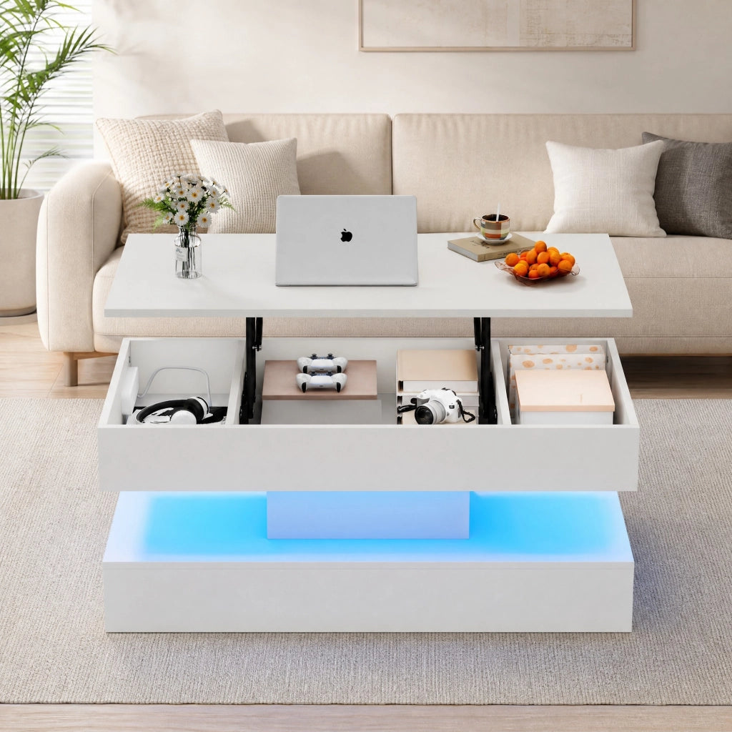 Tavolino basso sollevabile con LED e vano contenitore in pannello truciolare bianco con prese EU 100 × 50 × 42 cm