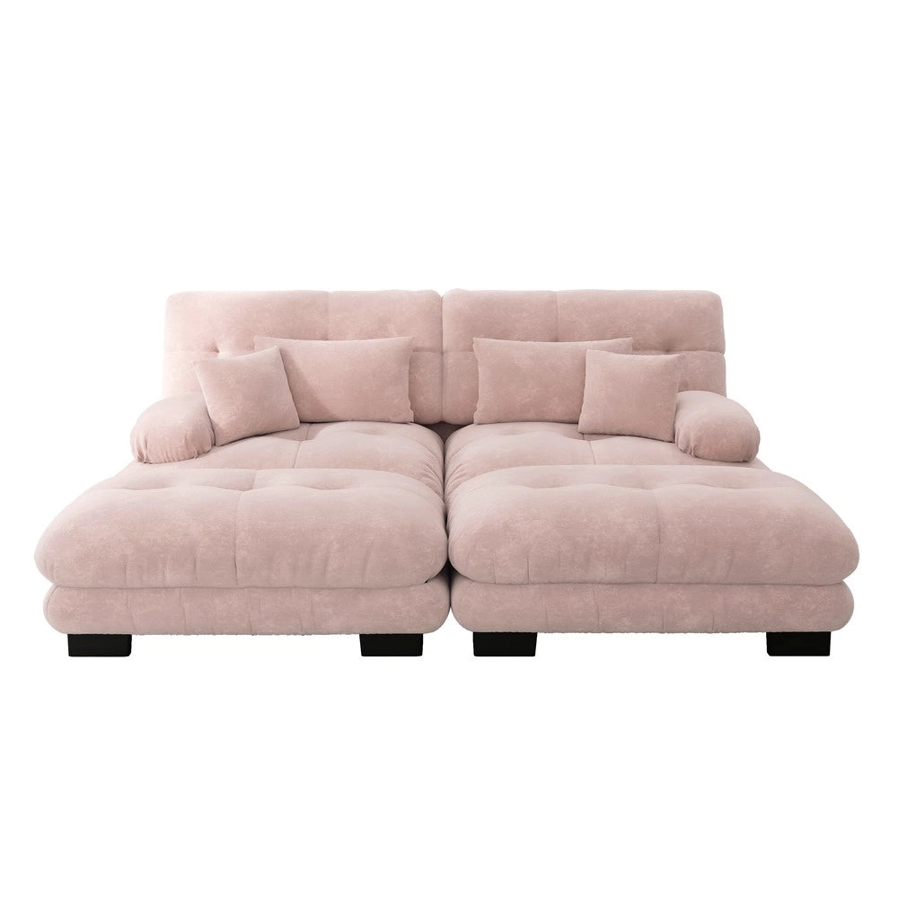 Divano angolare con poggiapiedi ¨C Minimal ¨C rosa chenille imbottito con braccioli e cuscini