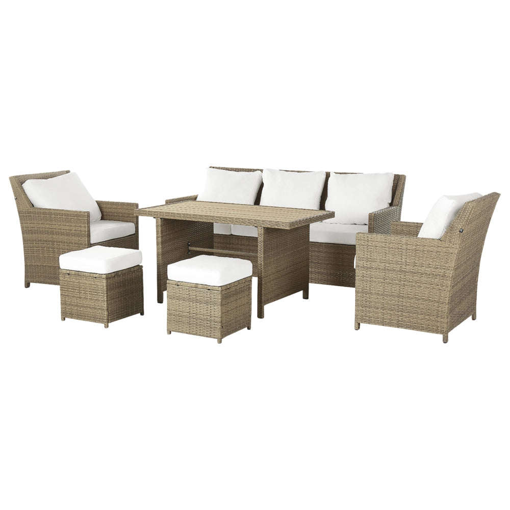 Set Divani Da Giardino Marrone Rattan Bianco Cuscini Divano A 5 Posti Tavolo Rettangolare 2 Poltrone 2 Pouf Set Da Pranzo All'aperto