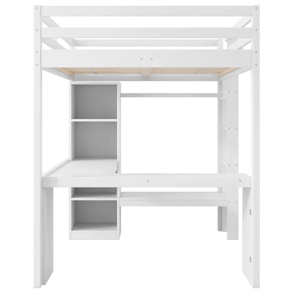 Letto a soppalco 140×200 cm bianco con scrivania, ripiani, LED e ricarica