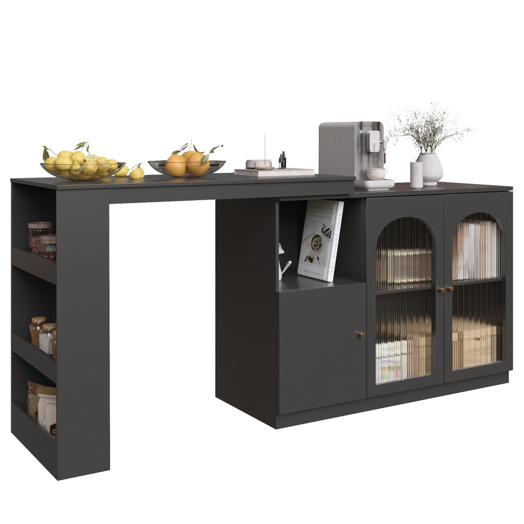 Mobile Bar con Anta in Vetro; Ripiani Aperti e Rotazione a 360°; per Cucina e Sala da Pranzo; in MDF; Nero