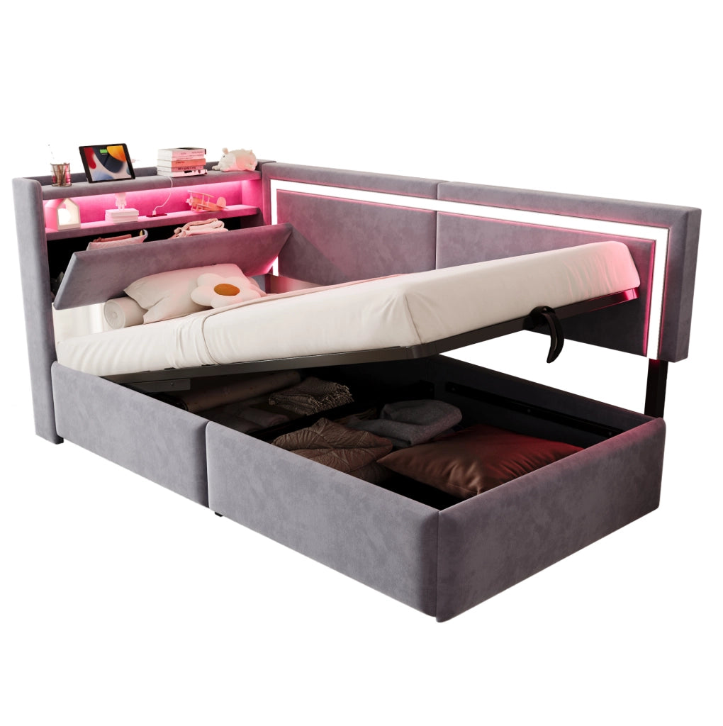 Letto imbottito multifunzionale 90x200 cm con contenitore, LED e USB