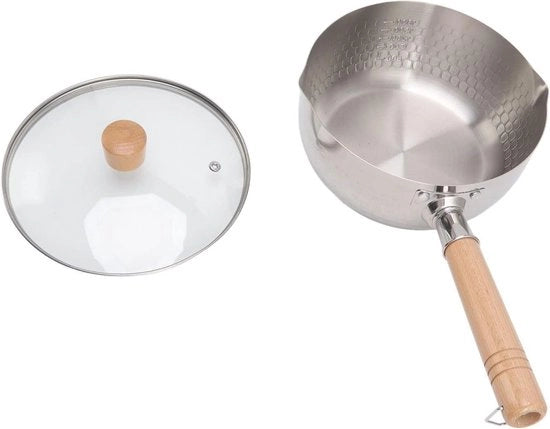 Pentola a Cottura in Acciaio Inossidabile con Superficie Antiaderente (20cm) - Pentola a Cottura con Maniglione in Legno e Coperchio - Piccola Cottura per Casa per Noodles Instant, Latte, Verdure