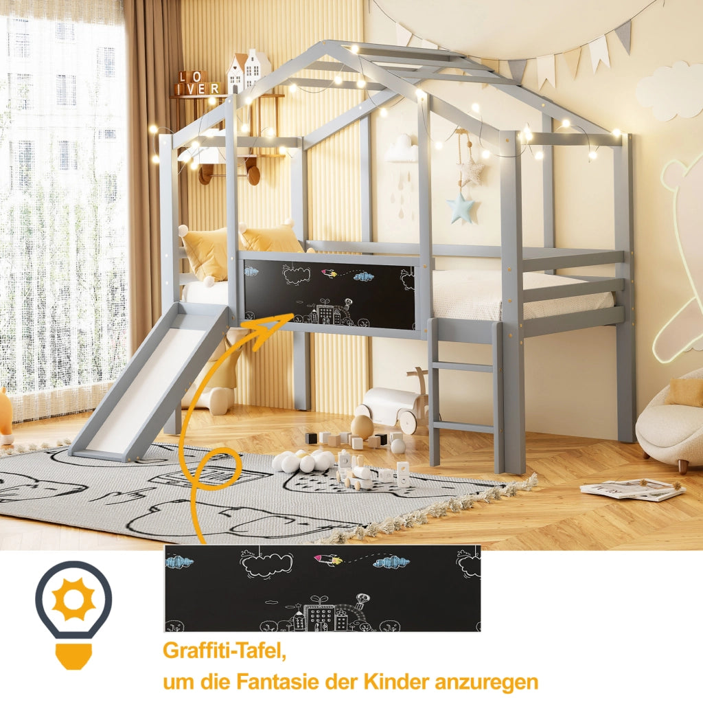 Letto a soppalco per bambini 90x200 cm con scivolo grigio