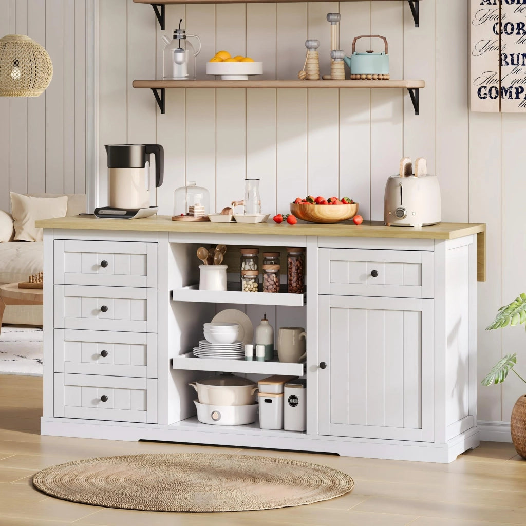 Credenza multifunzione con piano ribaltabile, 5 cassetti, 2 ripiani estraibili e prese integrate, 150×65×75,5 cm