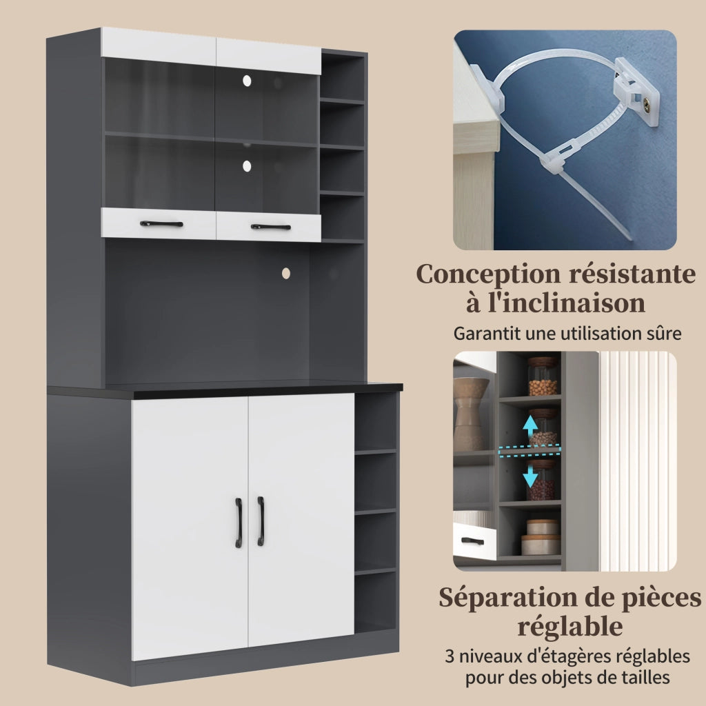 Mobile colonna da cucina con vano per microonde; ripiani regolabili e LED grigio e bianco 100 × 47 × 187 cm