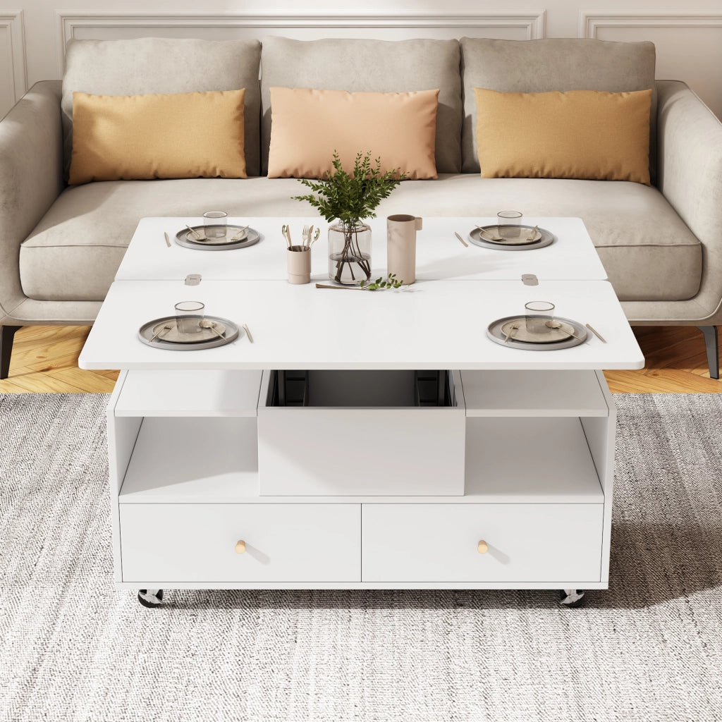 Tavolino Da Salotto Sollevabile con 4 Cassetti e Piano Ribaltabile; Idraulico; Stile Moderno; in MDF; 100×50×47;5 cm; Bianco