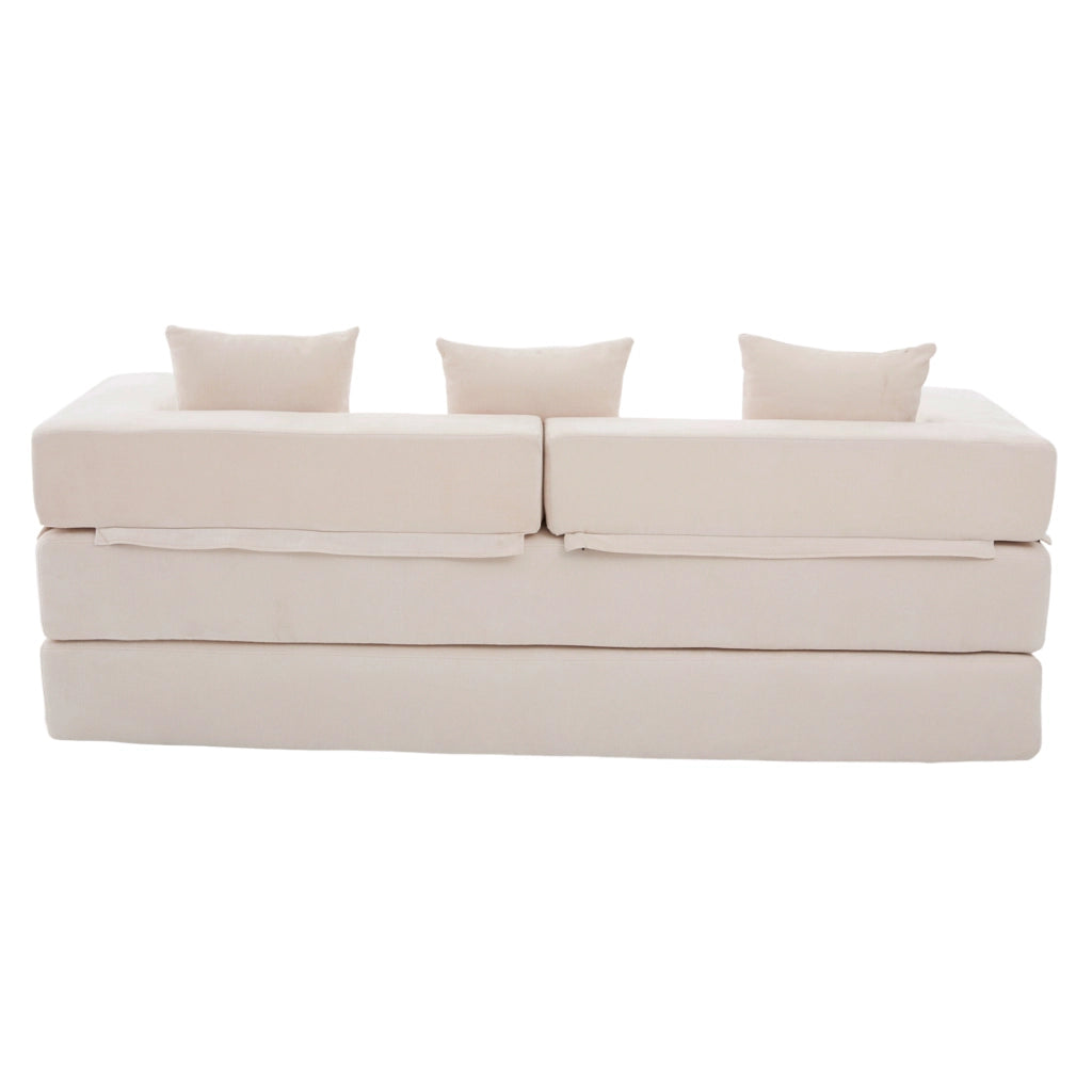 Blocco divano modulare in ciniglia beige con tasche laterali