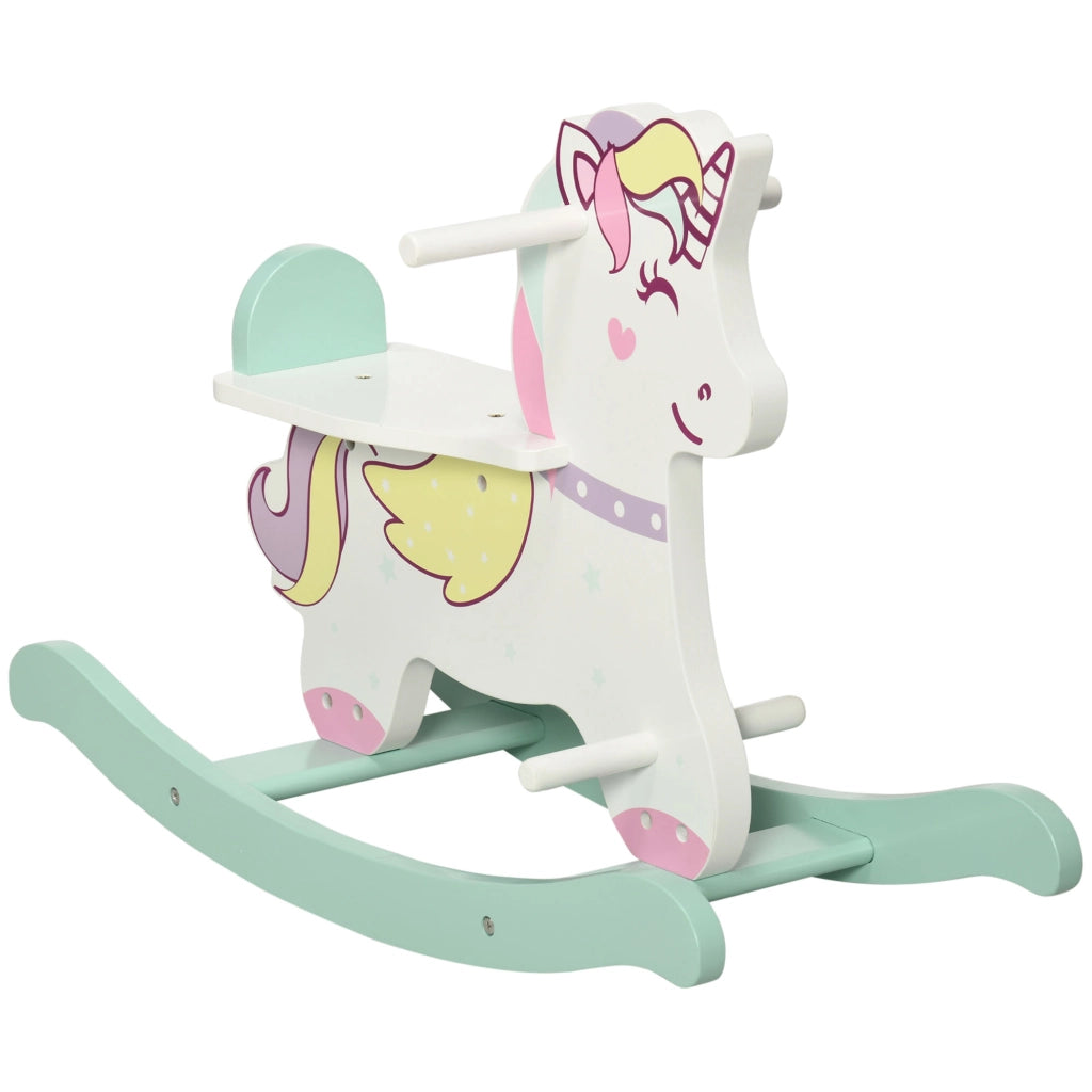 Cavallo a Dondolo per Bambini 1-3 Anni con Maniglie, Schienale e Pedali in MDF, 68L x 27P x 47.5A cm, Multicolore
