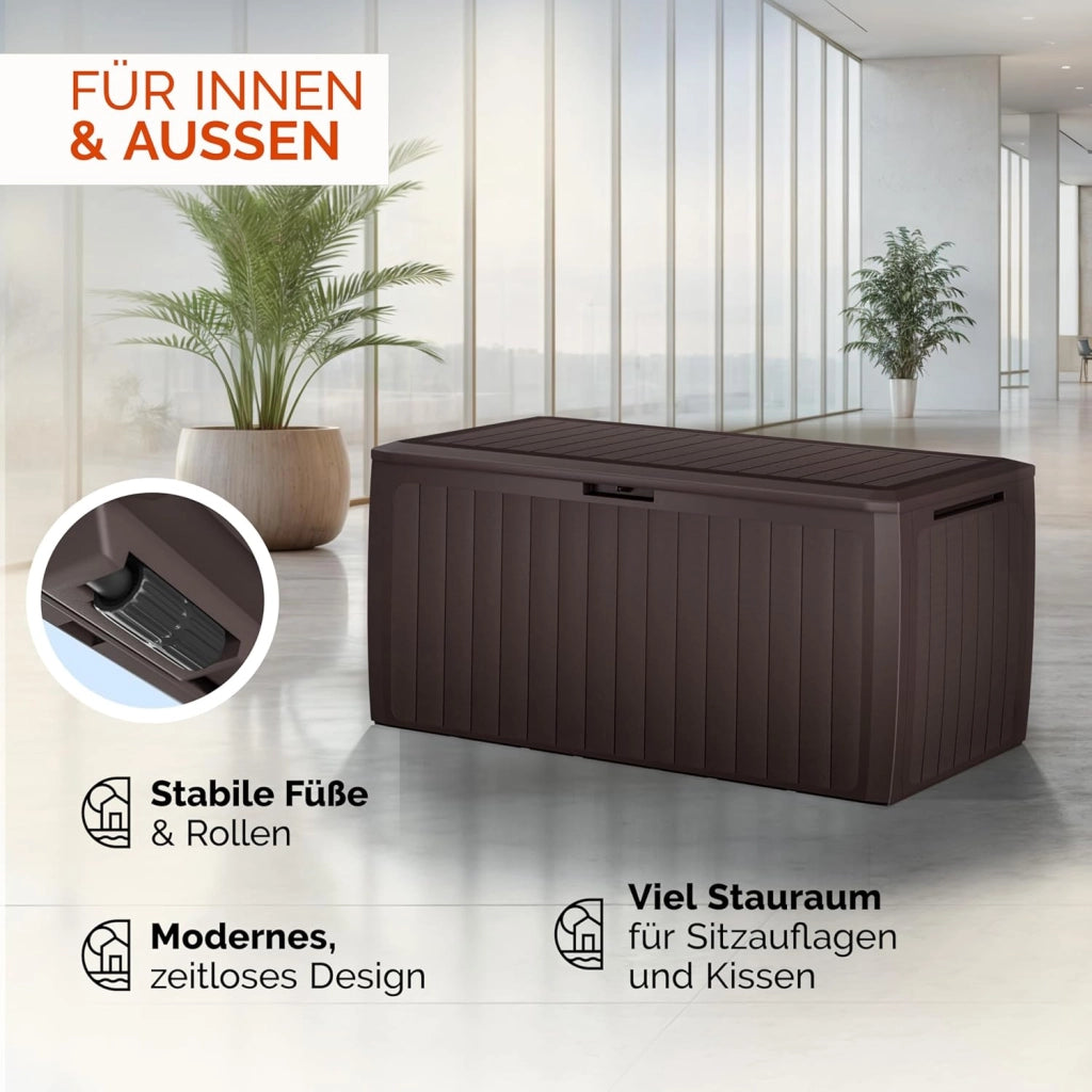 ® Baule da Giardino 117x47x60cm Aspetto Legno 290L Box Multiuso Multibox Cuscini 6 Ruote Coperchio Esterno