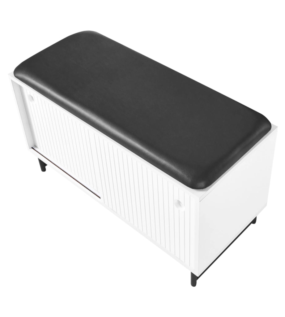 Mobile porta scarpe in MDF bianco a 2 scomparti con seduta imbottita e ante scorrevoli, design scandinavo, ingresso