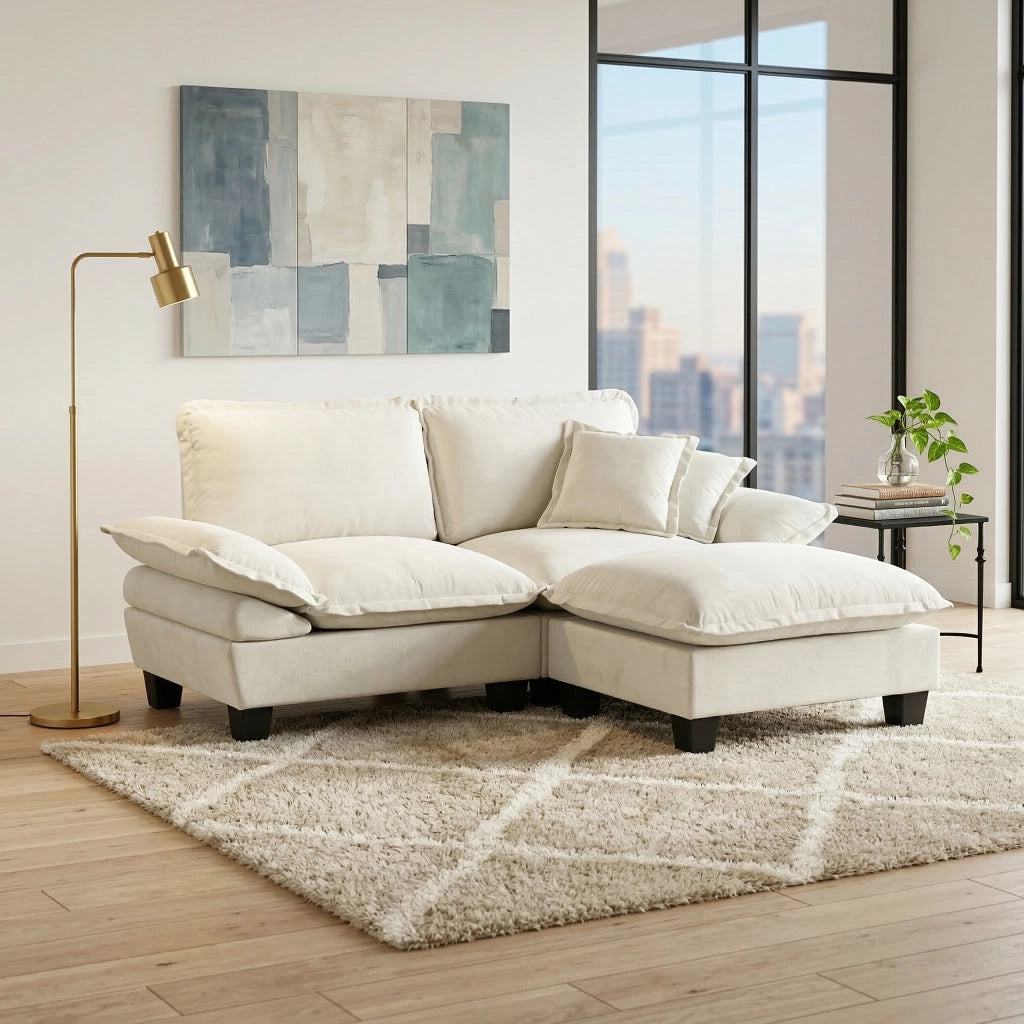 Divano angolare con chaise longue e cuscini; in chenille beige 194×151×90 cm