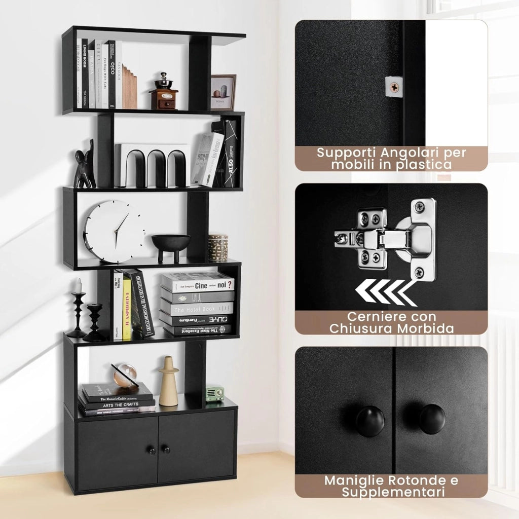 Libreria in Legno, Scaffale Multifunzionale con 5 Ripiani, per Ufficio,Casa, Ripiano a Forma di S, 70 x 23 x 183 cm (Nero)