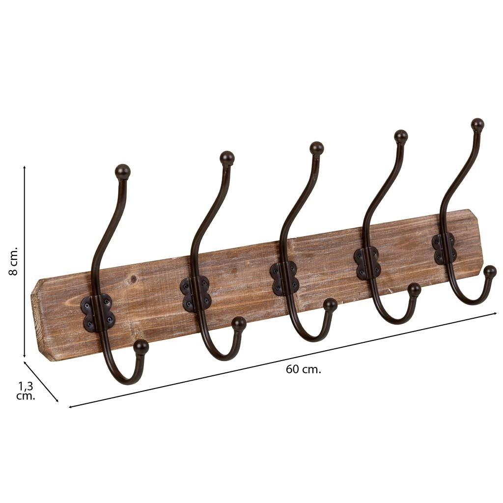Appendiabiti da parete in legno con 5 ganci 60x1,3x8h cm