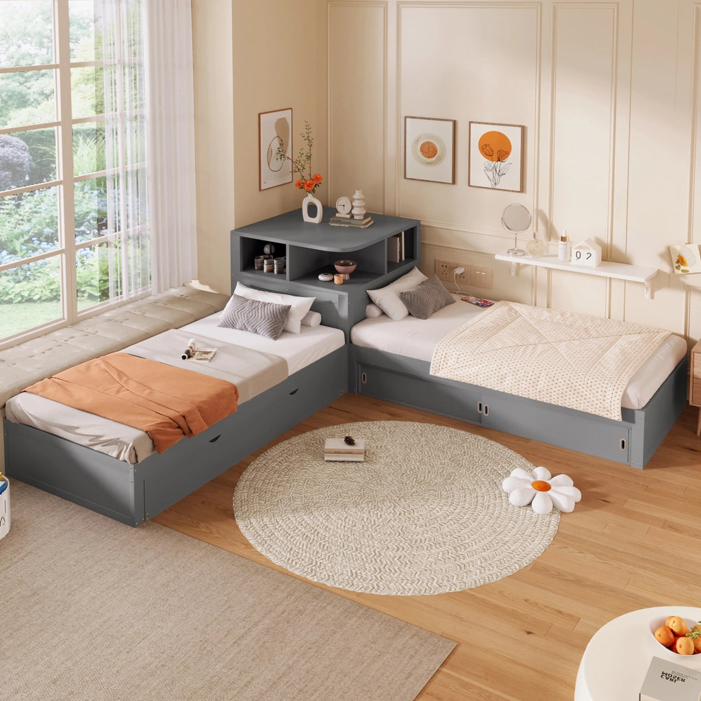Letto combinato 90 × 200 cm con letto estraibile, contenitore con ante scorrevoli e luce LED, senza materasso, in pino, grigio